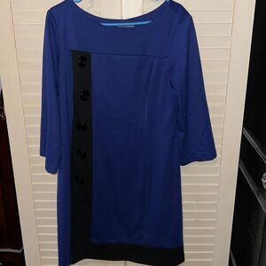 Vintage Robbie Bee dress blue with black buttons, three-quarter sleeve, size 12